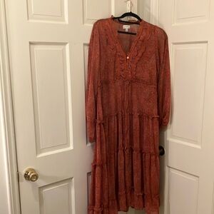 Wonderly brand Orange Pleated Sundress with Bishop Sleeves